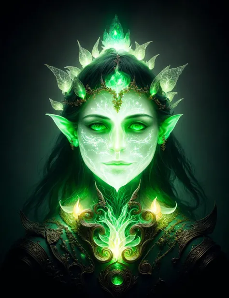 masterpiece, awesome quality, hyper detailed, DonM3lv3s vetala, elemental mysterious enchanting floating transluscent face made of sphereshaped foggy diffuse spirit light, small, flickering ethereal appearance, green, natural , <lora:DonM3lv3s-000008:0.8>