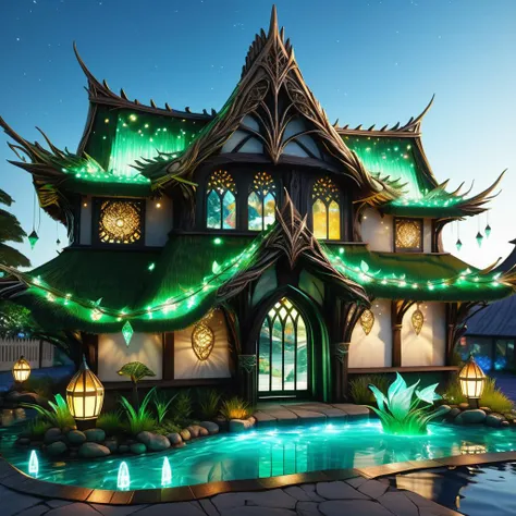 hyper detailed masterpiece, dynamic, awesome quality,DonM3lv3sXL airports, conglomerate stone,thatch,metal roofing roof, string lights (fairy lights), pond and pool lighting <lora:DonM3lv3sXL-000005:0.85>