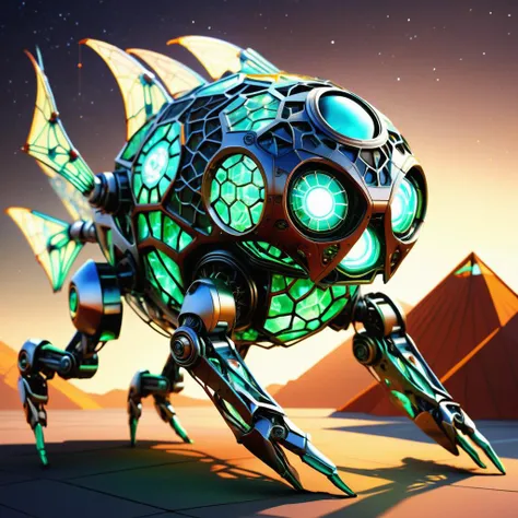 hyper detailed masterpiece, dynamic, awesome quality,DonM3lv3sXL average playful geodesic playful robotic creature,  webbed appendages, quadrifurcated-tailed, tufted-tailed, metallic skin,     <lora:DonM3lv3sXL-000005:0.85>