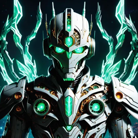 solo mid shot portrait photo of an aluminium emerald human golem hybrid