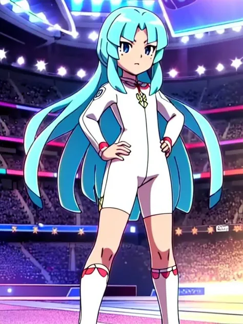 <lora:Flora(Inazuma_Eleven):1.0>, (ultra-best quality,extremely beautiful CG,highres,exquisite,super fine illustration,),detailed eyes,highlight,detailed background,solo,looking at viewer,
Flora(Inazuma_eleven),blue eyes,light-blue hair,long hair,floating hair,bangs,small chest,young,
soccer court,white line,soccer goal,(soccer uniform),full body,hand on hips,,
official art,anime_coloring,anime_screenshot,<hypernet:vaeextremecolors_v10:1.0>