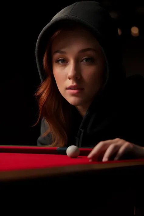 [1girl:DEN_leanna_deckerMK2:20],
playing snooker in a dark atmospheric pool hall wearing casual clothing and a hoodie, atmospheric, snooker, cue, playing snooker, leaning over the table,
bokeh, f1.4, 40mm, photorealistic, raw, 8k, textured skin, skin pores, intricate details  <lora:epi_noiseoffset2:1>, epiCRealism