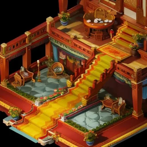 Masterpiece,High Quality,High resolution,The highest resolution,(Black background:1.2),Complicated details,Highest quality,game icon institute,game_room,stairs,table,carpet,chair,Tile floor,effigy,porcelain,potted,<lora:game_room1-4:1>