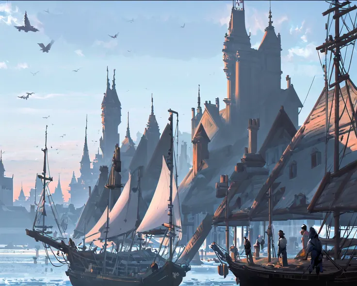 aircraft, bird, blue_sky, building, cable, cloud, cloudy_sky, crow, day, flock, holding, jacket, letterboxed, long_hair, mountain, multiple_others, outdoors, scenery, seagull, sky, skyscraper, standing, sunset, tower<lora:conceptScenery_v10:1>