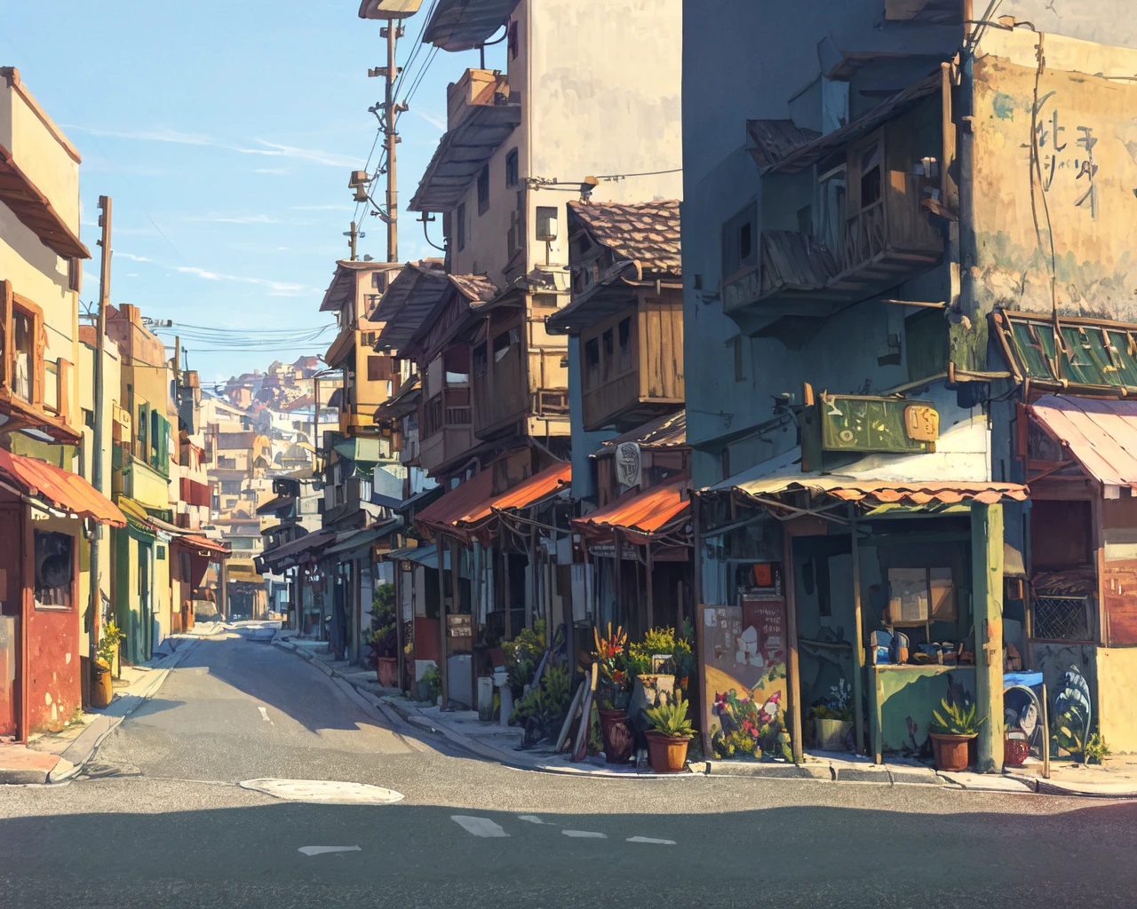 a painting of a street with a car parked on the side of the road and a building in the background<lora:conceptScenery_v10:1>