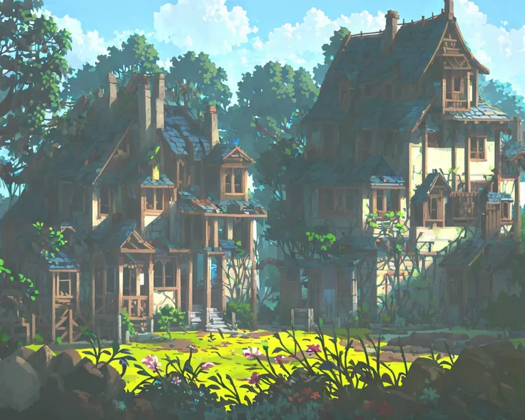 architecture, blue_sky, bridge, building, bush, city, cityscape, cloud, cloudy_sky, day, fantasy, flower, grass, house, leaf, outdoors, pagoda, plant, potted_plant, scenery, sky, stairs, tower, tree, waterfall <lora:conceptScenery_v10:1>