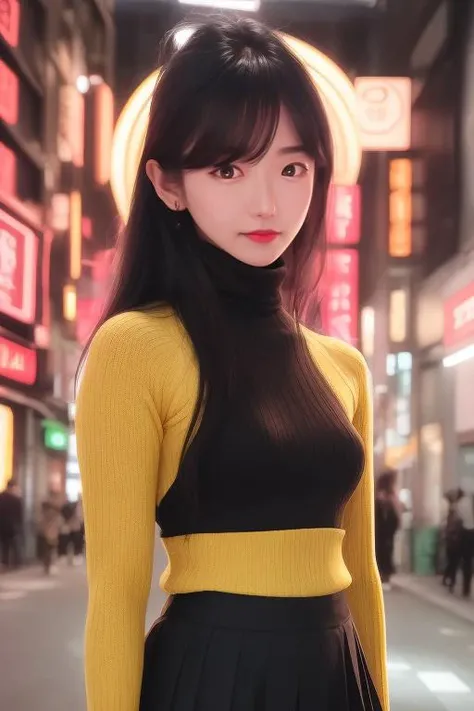 jinnytty <lora:jinnytty_v1_417_andyxn:0.50>, award winning photoshoot, portrait, upper body, a woman wearing a turtle neck sweater, long skirt, neon lights, tokyo, glowing hair, sharp lighting, shadows