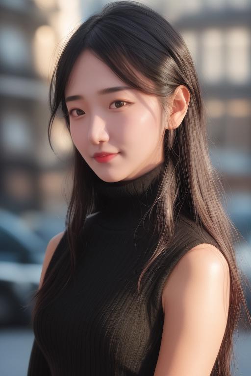 A close up of a woman in a black dress standing on a street - SeaArt AI
