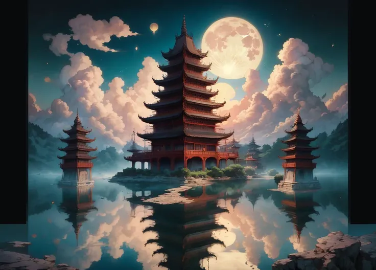 cityscape style, beautiful scenery, oriental mystery, nightscape, water, boat, full moon in the sky, lantern/lamp, misty rose petals in the air,towering asian style pagoda, riverside, stone railings, carved stone arch bridges, fine art by takato yamamato <lora:Dreamwave v3:1> dreamwave, aesthetic, detailed, sharp, HD, HDR, masterpiece, best quality, best resolution, splashscreen, cinematic lighting, depth of field, epic, dramatic