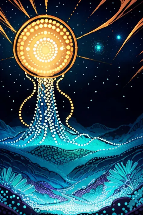 Crystal (Forest:1.2), mystical, bioluminescent, fantasy, night sky, ethereal, alien planet, <lora:aboriginalart:0.6> aboart, painting, dots, detailed, sharp, HD, HDR, masterpiece, best quality, best resolution, golden ratio, breathtaking, award-winning, professional