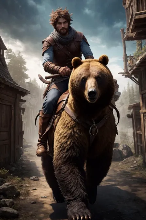 human adventurer riding a Bear, 3D game style, Fantasy RPG scene