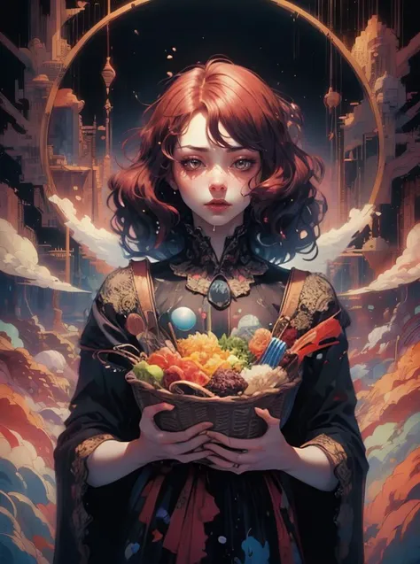 A psychopath with a basket of food, (sinful:1.1), (triad colors:1.2), 1960s kitsch and psychedelia, (fine art:1.2), (dreamwave:1.1), ethereal, dreamy, mysterious <lora:Dreamwave v3:0:1> aesthetic, detailed, sharp, HD, HDR, masterpiece, best quality, best resolution, splashscreen, cinematic lighting, depth of field, epic, dramatic