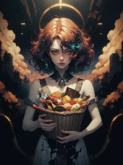 A psychopath with a basket of food, (sinful:1.1), (triad colors:1.2), apocalyptic 1960s kitsch and psychedelia, (fine art:1.2), (dreamwave:1.1), ethereal, dreamy, mysterious <lora:Dreamwave v3:0:1> aesthetic, detailed, sharp, HD, HDR, masterpiece, best quality, best resolution, splashscreen, cinematic lighting, depth of field, epic, dramatic