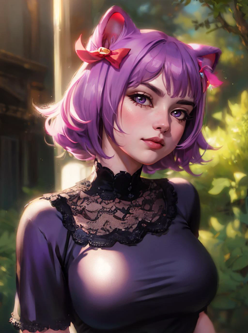 Adult (woman:1.1) Masunya wearing a hair bow, cat ears, (purple skin color:0.8), solo, final fantasy style <lora:my_LoRA_masunya_v3:0.8>, detailed, sharp, HD, HDR, masterpiece, best quality, best resolution