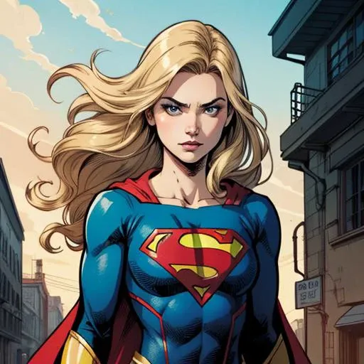 supergirl, upper body, long blonde hair, detailed, sharp, HD, HDR, best quality, best resolution, 2D, colored, flat, Graphic Novel, vector graphic, illustration, cross hatching, by Phil Noto and Todd Mcfarlane