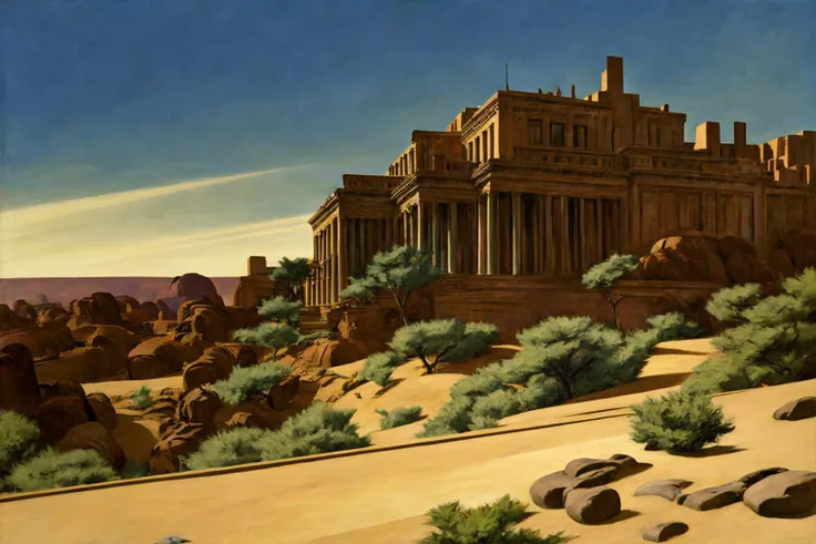 Egyptian (Palace:1.1), architecture, greenery, (oasis:1.2), canvas, landscape, desert <lora:Edward Hopper - Style:1> edward hopper style, detailed, sharp, HD, HDR, masterpiece, best quality, best resolution, golden ratio, breathtaking, award-winning, professional, splashscreen, cinematic lighting, depth of field, epic, dramatic