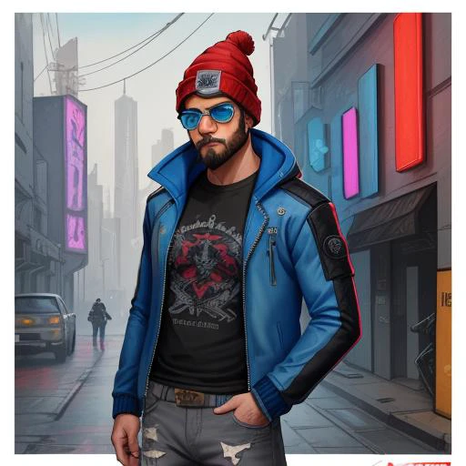 Watercolor painting bearded male cyberpunk hacker with blue colored glasses, in a jacket with a Beanie long grey hair half teeshirt ripped jeanscyberpunk 2077 poster art . Vibrant, beautiful, painterly, detailed, textural, artistic