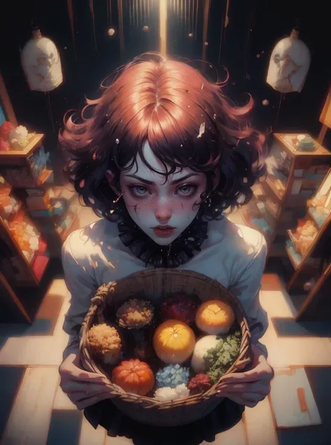 A (psychopath:1.2) with a basket of food, sinful, shot from above, (triad colors:1.1), 1960s kitsch and psychedelia, oil painting, (dreamwave:1.2), fine art, soft lighting, mysterious, ethereal <lora:Dreamwave v3:0:1> aesthetic, detailed, sharp, HD, HDR, masterpiece, best quality, best resolution, splashscreen, cinematic lighting, depth of field, epic, dramatic