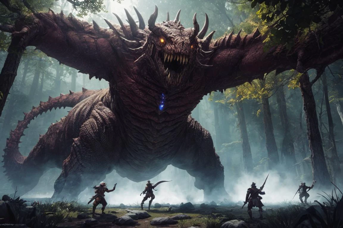 adventurer group fighting a giant creature, 3D game style, Fantasy RPG scene, foliage