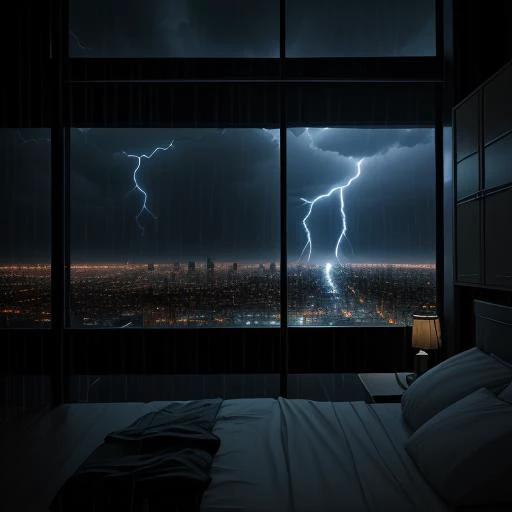 beautiful cozy bedroom with floor to ceiling glass windows overlooking a cyberpunk city at night, thunderstorm outside with torrential rain, detailed, high resolution, photorrealistic, dark, gloomy, moody aesthetic