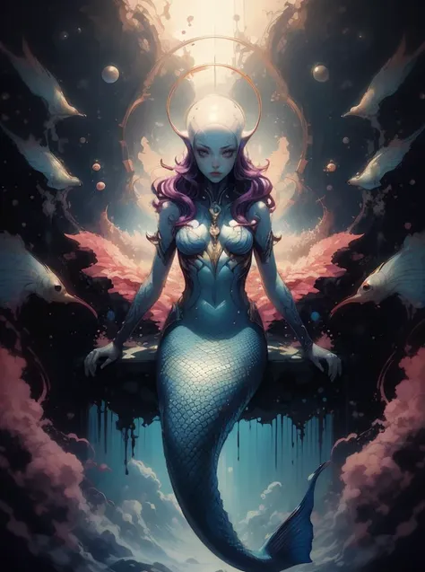 space (alien mermaid:1.1), female, floating pose, 1960 kitsch and psychedelia, dreamwave style, dreamscape background, rough oil paint, soft lighting, mysterious, ethereal <lora:Dreamwave v3:0:1> aesthetic, fine art,, detailed, sharp, HD, HDR, masterpiece, best quality, best resolution, splashscreen, cinematic lighting, depth of field, epic, dramatic