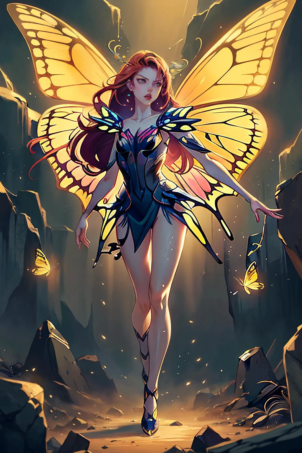 Redhead Fairy with butterfly wings, apocalyptic, dark, full body, soft brush, anime, solo, 1girl, <lora:guastary:0.9> gua, portrait, detailed, sharp, HD, HDR, masterpiece, best quality, best resolution, golden ratio, breathtaking, award-winning, professional, splashscreen, cinematic lighting, depth of field, epic, dramatic