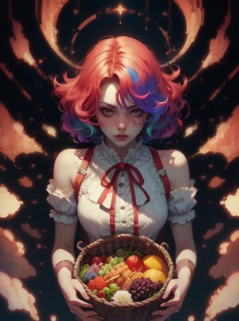 A (psychopath:1.2) with a basket of food, sinful, from above, dynamic pose, (triad colors:1.1), 1960s kitsch and psychedelia, fine art, (dreamwave:1.2), soft lighting, mysterious, ethereal <lora:Dreamwave v3:0:1> aesthetic, detailed, sharp, HD, HDR, masterpiece, best quality, best resolution, splashscreen, cinematic lighting, depth of field, epic, dramatic