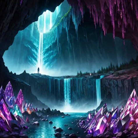 (ancient City:1.1) in a (Cave made of crystals and gems:1.2), buildings, waterfall, bright, colorful, magical, mystical, (final fantasy:0.8), detailed, sharp, HD, HDR, masterpiece, best quality, best resolution, splashscreen, cinematic lighting, depth of field, epic, dramatic
