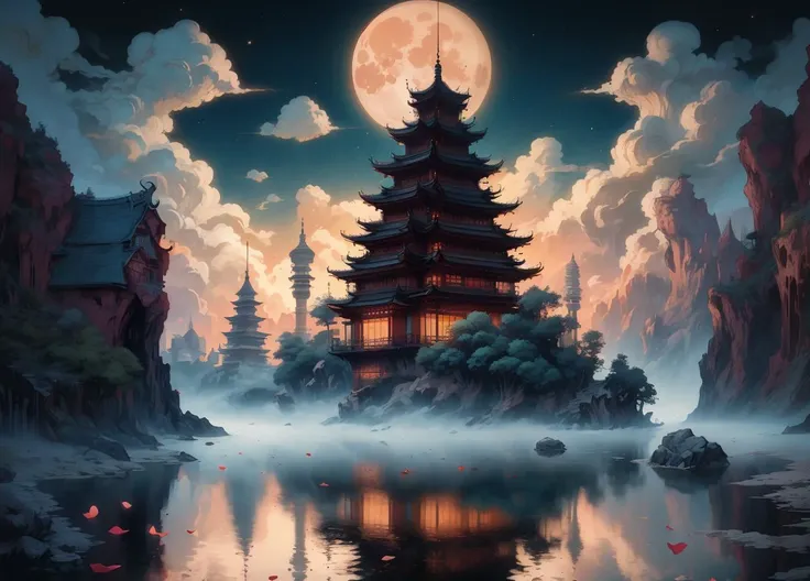 cityscape style, beautiful scenery, oriental mystery, nightscape, water, boat, full moon in the sky, lantern/lamp, misty rose petals in the air,towering asian style pagoda, riverside, stone railings, carved stone arch bridges, fine art by takato yamamato <lora:Dreamwave v3:1> dreamwave, aesthetic, detailed, sharp, HD, HDR, masterpiece, best quality, best resolution, splashscreen, cinematic lighting, depth of field, epic, dramatic