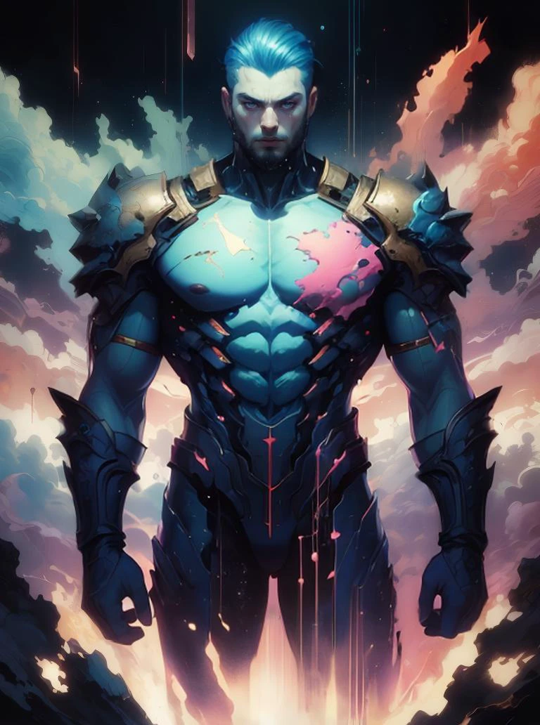 muscular man, thunder sky, epic pose, 1960 kitsch and psychedelia, (dreamwave:1.2), dreamscape background, rough oil paint, soft lighting, mysterious, ethereal <lora:Dreamwave v3:0:1> aesthetic, fine art,, detailed, sharp, HD, HDR, masterpiece, best quality, best resolution, splashscreen, cinematic lighting, depth of field, epic, dramatic