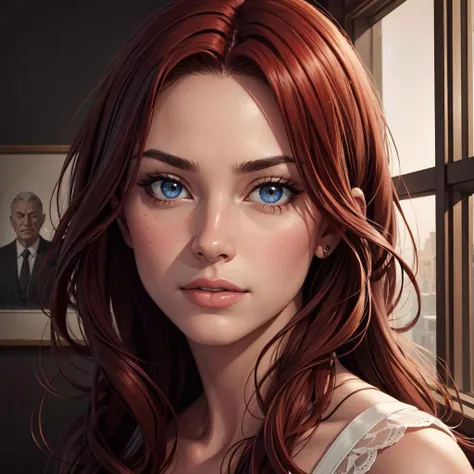 Hyperrealistic art portrait, pretty woman, red hair, perfect face, Extremely high-resolution details, photographic, realism pushed to extreme, fine texture, incredibly lifelike, sharp, extreme detailed, HD, HDR, masterpiece, 8k, fine art, oil painting, best quality, best resolution, vivid colors, detailed, sharp, HD, HDR, best quality, best resolution