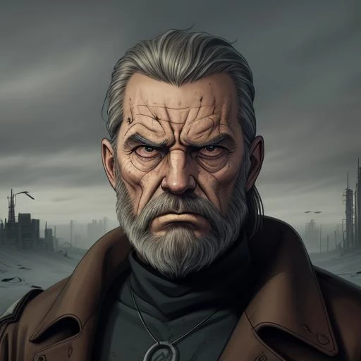 Dystopian style portrait, grumpy old man, beard . Bleak, post-apocalyptic, somber, dramatic, highly detailed
