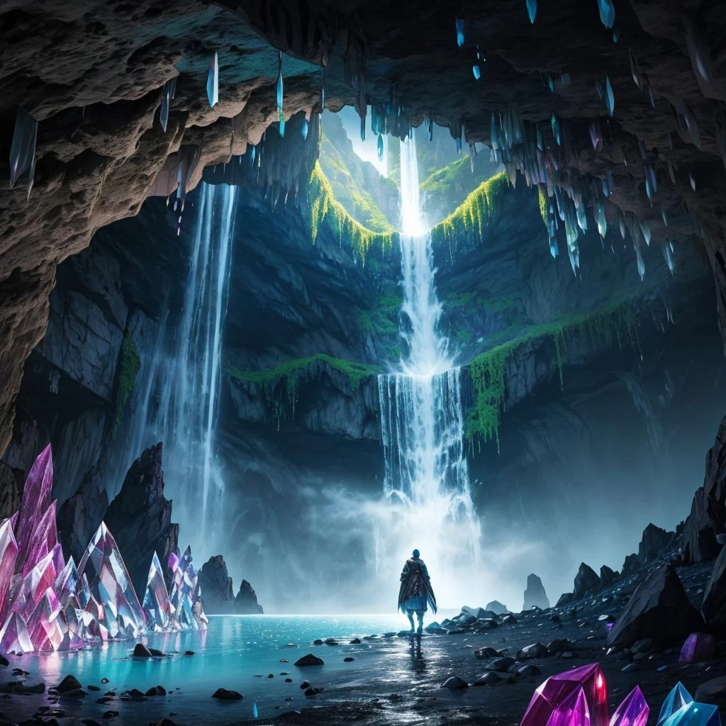 (ancient City:1.1) in a (Cave made of crystals and gems:1.2), buildings, waterfall, bright, colorful, magical, mystical, (final fantasy:0.8), detailed, sharp, HD, HDR, masterpiece, best quality, best resolution, splashscreen, cinematic lighting, depth of field, epic, dramatic