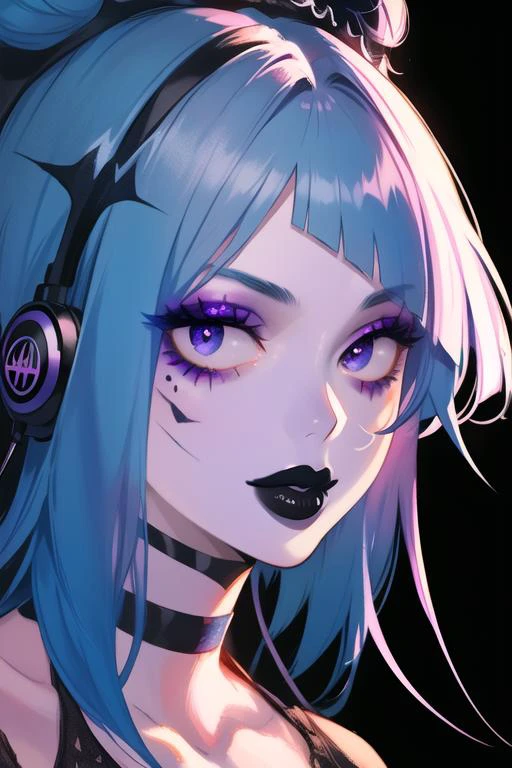 (masterpiece), (high res), 4k, ((best quality)), beautiful face, detailed face, ultra-detailed, portrait, (((head shot, face focus, close up face shot)), open eyes, (looking at viewer, facing viewer)), 1girl, solo, (black background), female, tattoo, BREAK, wide smile, black lips, parted lips, pale skin, makeup, large intricate hair accessories,( <lora:KyokaJirou:.8> Jirou, earphone jacks, punk, smug, goth, smug, goth, choker), gradient hair, thick lips, big lips,(<lora:ColoredLipstick:1> (lipstick, matte lips, black lipstick)), <lora:fakelips_1:1> lip filler, eyeshadow, eyeliner, eyeshadow, <lora:Katrina Makeup ReTRaiNeD_v3:.8> ktrmkp face paint, ktrmkp makeup