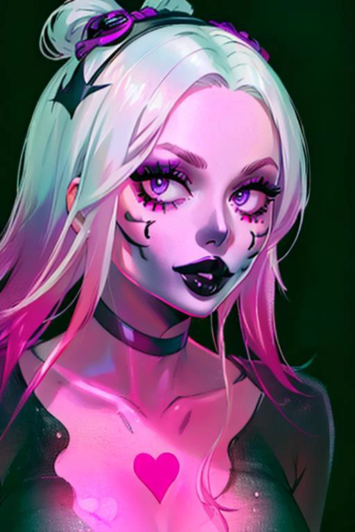 (masterpiece), (high res), 4k, ((best quality)), beautiful face, detailed face, ultra-detailed, portrait, (((head shot, face focus, close up face shot)), open eyes, (looking at viewer, facing viewer)), 1girl, solo, (black background), female, tattoo, BREAK, wide smile, black lips, parted lips, pale skin, makeup, large intricate hair accessories,( <lora:KyokaJirou:1> Jirou, punk, smug, goth, choker), gradient hair, thick lips, big lips,(<lora:ColoredLipstick:1> (lipstick, matte lips, black lipstick)), <lora:fakelips_1:1> lip filler, eyeshadow, eyeliner, eyeshadow, <lora:Katrina Makeup ReTRaiNeD_v3:1> ktrmkp face paint, ktrmkp makeup
