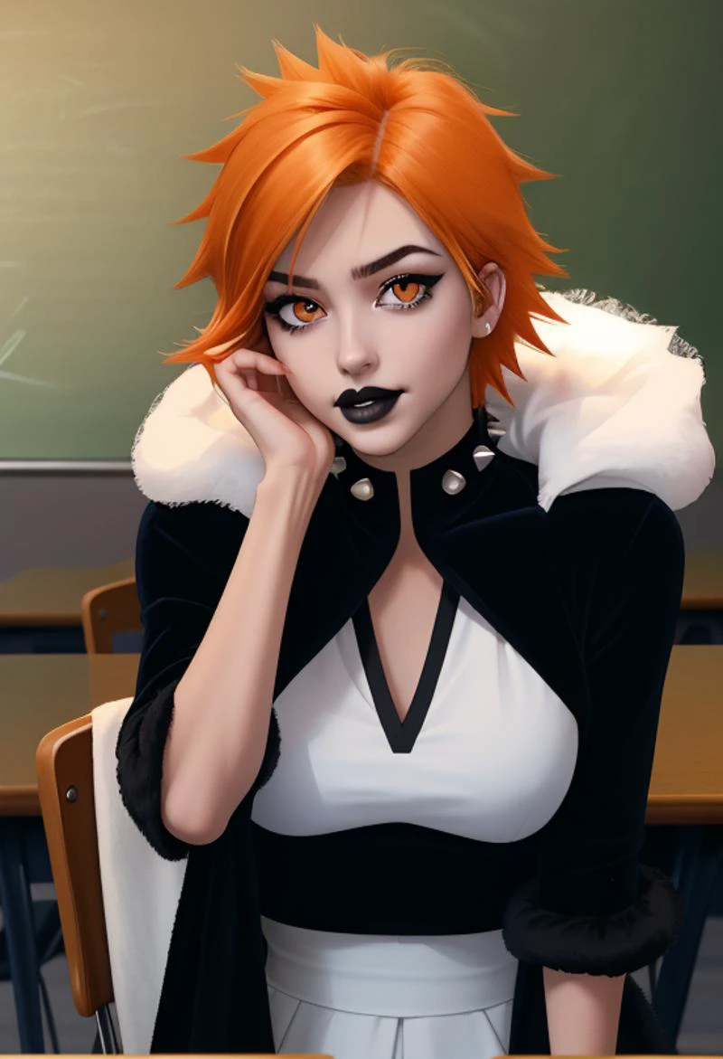 (masterpiece), (high res), 4k, ((best quality)), beautiful face, detailed face, ultra-detailed, upright, straight on, open eyes, (facing viewer), 1girl, solo, classroom background, chair, leaning against, gradient hair, highlights, dark-skinned female, tattoo, BREAK, (white lips:1.4), smirk, very dark skin, makeup,( white crop top, black fur trim, fur sleeves, fur collar), jewelry, large intricate hair accessories, large breasts (genderswap \(mtf\), (kurosaki ichigo:1.3), orange hair, (spiked hair:1.3), short hair, gradient hair, orange eyes,), large breasts, (<lora:ColoredLipstick:1> (lipstick, glossy lips, white lipstick)), green eyeshadow, eyeliner, mascara, long eyelashes, <lora:bleach_kurosaki:1> (long painted nails:1.1, long fake nails, gold nails), <lora:mrpotatoparty:.6> mrpotatoparty