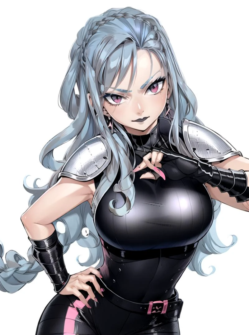 <lora:HiroMashima:0.90>, <lora:half_ponytail_hairstyle:0.5>, <lora:ColoredLipstickv2:0.5>, Female, (BREAK Soft blue hair:1.5), long wavy hair, sidelocks, (Pink Eyes), sharp eyes, (Brown Tan skin), jewelry, earrings, (black lips:1.3), smirk, (large breasts), small waist, (sexy armor), masterpiece, high quality, pretty eyes, pretty hands, pretty fingers, pupils, 1girl, solo, fantasy, Dragon, (silver corset), (black pants), (Blue belt), half_ponytail_hairstyle, (white background)
