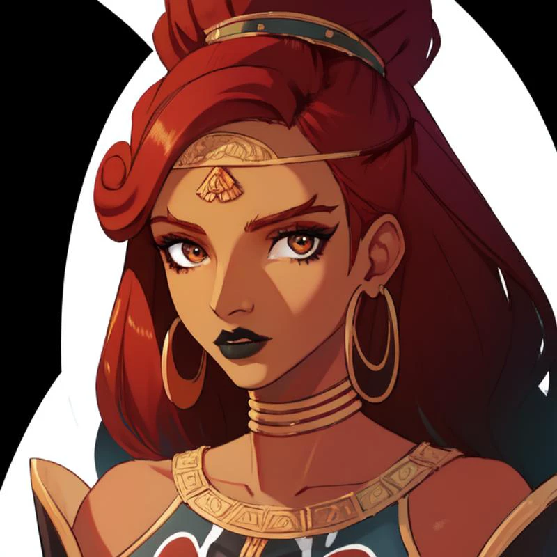 (masterpiece), (high res), 4k, ((best quality)), beautiful face, detailed face, ultra-detailed, ((head shot, face focus, close up face shot), open eyes, (looking at viewer, facing forward. front facing, facing viewer)) 1girl, solo, long hair, ((black background)), hoop earrings, dark-skinned female, black colored skin,queen of spades symbol tattoo, BREAK, wide lips, (large orange lips:1.3), parted lips, eyeshadow, very dark skin, makeup, choker, jewelry, large intricate hair accessories, (brown skin),((<lora:GAME_Gerudo_urbosa_aiwaifu69:1> GAME_Gerudo_urbosa_aiwaifu, African, red hair, gradient hair)), (<lora:ColoredLipstick:1> (lipstick, orange lipstick)), very long hair, <lora:darkskin-v2-wasabiya:1> dark-skinned female