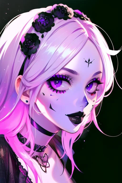 (masterpiece), (high res), 4k, ((best quality)), beautiful face, detailed face, ultra-detailed, portrait, (((head shot, face focus, close up face shot)), open eyes, (looking at viewer, facing viewer)), 1girl, solo, (black background), female, tattoo, BREAK, wide smile, black lips, parted lips, pale skin, makeup, large intricate hair accessories,( <lora:KyokaJirou:.8> Jirou, punk, smug, goth, smug, goth, choker), gradient hair, thick lips, big lips,(<lora:ColoredLipstick:1> (lipstick, matte lips, black lipstick)), <lora:fakelips_1:1> lip filler, eyeshadow, eyeliner, eyeshadow, <lora:Katrina Makeup ReTRaiNeD_v3:1> ktrmkp face paint, ktrmkp makeup