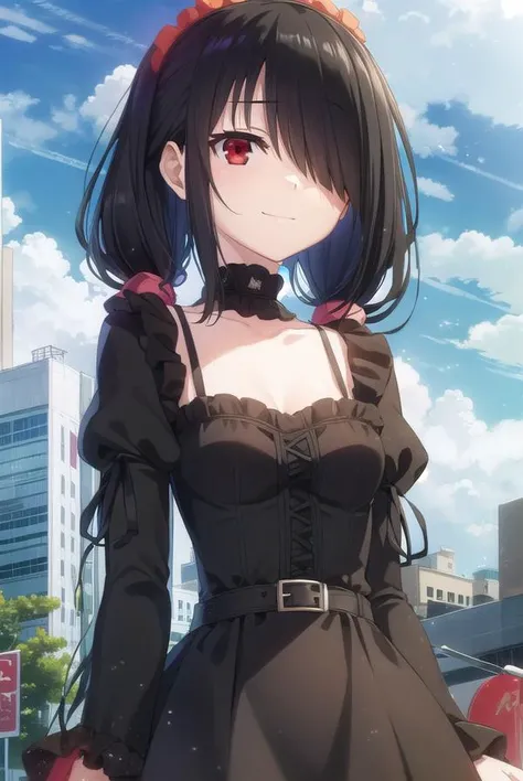 kurumitokisaki, <lora:kurumi tokisaki s2-lora-nochekaiser:1>,
kurumi tokisaki casual, (tokisaki kurumi:1.2), long hair, black hair, (red eyes:1.3), long sleeves, dress, pantyhose, (hair over one eye:1.5), (black dress:1.5), black pantyhose, (puffy sleeves:1.5), choker, collarbone, skirt, black skirt, flowers, hair flowers, purple flowers, twintails, low twintails, smile,
BREAK ,
BREAK outdoors, city, building, sky, sun, clouds, people, crowd,
BREAK looking at viewer, (cowboy shot:1.5),
BREAK <lyco:GoodHands-beta2:1>, (masterpiece:1.2), best quality, high resolution, unity 8k wallpaper, (illustration:0.8), (beautiful detailed eyes:1.6), extremely detailed face, perfect lighting, extremely detailed CG, (perfect hands, perfect anatomy),