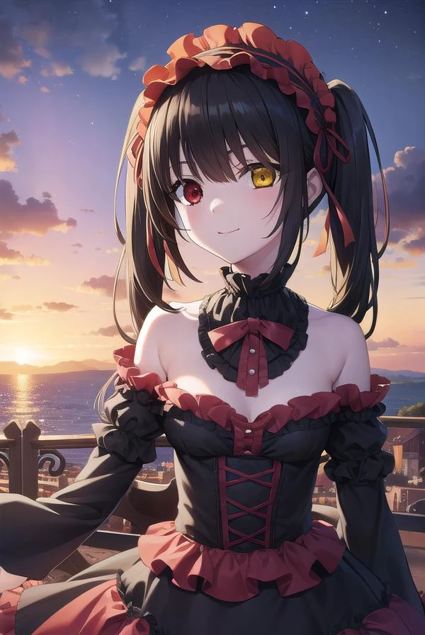 kurumitokisaki, <lora:kurumitokisaki-lora-nochekaiser:1>,
tokisaki kurumi, clock eyes, black hair, twintails, (red eyes:1.5), (yellow eyes:1.5), (heterochromia:1.5), (small breast:1.3), smile,
BREAK hairband, dress, bow, ribbon, (gothic fashion:1.5), gothic,
BREAK outdoors, city, night, sky, star \(sky\),
BREAK looking at viewer, (cowboy shot:1.5),
BREAK <lyco:GoodHands-beta2:1>, (masterpiece:1.2), best quality, high resolution, unity 8k wallpaper, (illustration:0.8), (beautiful detailed eyes:1.6), extremely detailed face, perfect lighting, extremely detailed CG, (perfect hands, perfect anatomy),