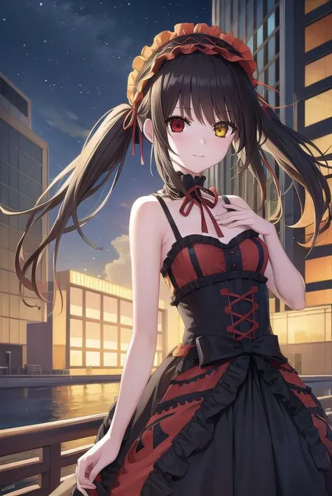 kurumitokisaki, <lora:kurumitokisaki-lora-nochekaiser:1>,
tokisaki kurumi, clock eyes, black hair, twintails, (red eyes:1.5), (yellow eyes:1.5), (heterochromia:1.5), (small breast:1.3), smile,
BREAK hairband, dress, bow, ribbon, (gothic fashion:1.5), gothic,
BREAK outdoors, city, night, sky, star \(sky\),
BREAK looking at viewer, (cowboy shot:1.5),
BREAK <lyco:GoodHands-beta2:1>, (masterpiece:1.2), best quality, high resolution, unity 8k wallpaper, (illustration:0.8), (beautiful detailed eyes:1.6), extremely detailed face, perfect lighting, extremely detailed CG, (perfect hands, perfect anatomy),