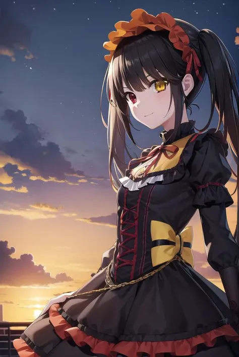 kurumitokisaki, <lora:kurumitokisaki-lora-nochekaiser:1>, 
tokisaki kurumi, clock eyes, black hair, twintails, (red eyes:1.5), (yellow eyes:1.5), (heterochromia:1.5), (small breast:1.3), smile,
BREAK hairband, dress, bow, ribbon, (gothic fashion:1.5), gothic,
BREAK outdoors, city, night, sky, star \(sky\),
BREAK looking at viewer, (cowboy shot:1.5),
BREAK <lyco:GoodHands-beta2:1>, (masterpiece:1.2), best quality, high resolution, unity 8k wallpaper, (illustration:0.8), (beautiful detailed eyes:1.6), extremely detailed face, perfect lighting, extremely detailed CG, (perfect hands, perfect anatomy),