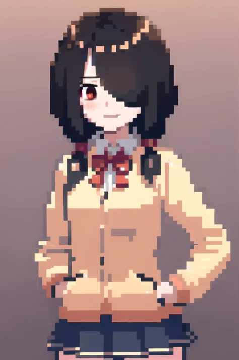 ((masterpiece)), (best quality, highres), 1girl, standing, smug, (upper body:1.1), blush, shy, looking away, hands in pockets, <lora:kurumitokisaki-lora-nochekaiser:1>, tokisaki kurumi, black hair, low twintails, (hair over one eye:1.5), (red eyes:1.2), smile, (medium breast:1.2), loose shirt, school uniform, jacket, pleated skirt, <lora:14.52:1>, pixai