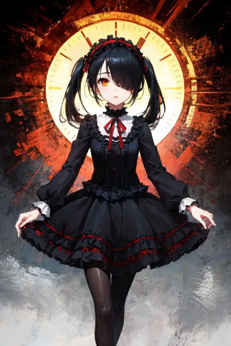 masterpiece, best quality, high quality, highres, absurdres, ultra-detailed, best anatomy,
detailed eyes, perfect eyes, slim body, slim legs,
1girl, solo,very small breastsupper body,<lora:kurumitokisaki-lora-nochekaiser:0.8> tokisaki kurumi, clock eyes, black hair, twintails, (red eyes:1.5), (yellow eyes:1.5), (heterochromia:1.5),, tokisaki kurumi, clock eyes, black hair, low twintails, (hair over one eye:1.5), (red eyes:1.5),, school uniform, jacket, pantyhose, pleated skirt, black pantyhose,, hairband, dress, bow, ribbon, (gothic fashion:1.5), gothic,