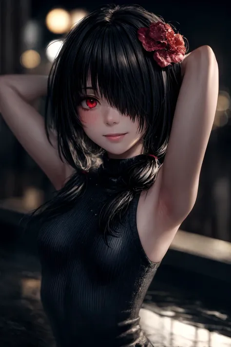 (Masterpiece), photorealistic, photorealism, 8k, best quality, (ultra-detailed), Eye focus, (Masterfully crafted Glow), hyper details, (delicate detailed), (intricate details), water drop in the air, film grain, octane render, hdr, hyperdetailed, soft light, ultra detailed eyes, splashes of colour absolutely eye-catching, glowing eyes, ambient occlusion, ambient light, portrait, cinematic light, upper body, face close, 1girl, blush, shiny skin, smile, arms behind head, looking at viewer, hair flower ornaments, ( wearing turtleneck sweater, sleeveless, ),l ake, city lights, starry sky, lake,<lora:add_detail:0.8>,  <lora:Tokisaki Kurumi - nochekaiser881:1.0>, tokisaki kurumi, clock eyes, black hair, low twintails, (hair over one eye:1.5), (red eyes:1.2), smile, (small breast:1.2),  <lora:LowRA:0.7>