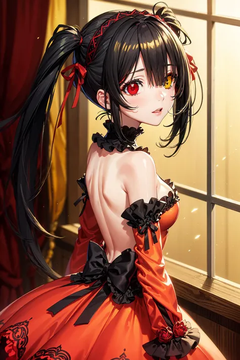 light particles,soft lighting,volumetric lighting,intricate details,finely detailed,1girl,solo,looking at viewer,red dress,ornate dress,backless dress,puffy sleeves,juliet sleeves,(long sleeves:1.2),red bow,black background,simple background,from behind,
<lora:kurumi tokisaki s2-lora-nochekaiser:0.7>, (tokisaki kurumi, long hair, black hair, (red eyes:1.3), (twintails:1.5), (yellow eyes:1.3), hairband, (heterochromia:1.5), middle breasts, hair over one eye),, masterpiece,best quality,highres,<lora:add_detail:0.3>
