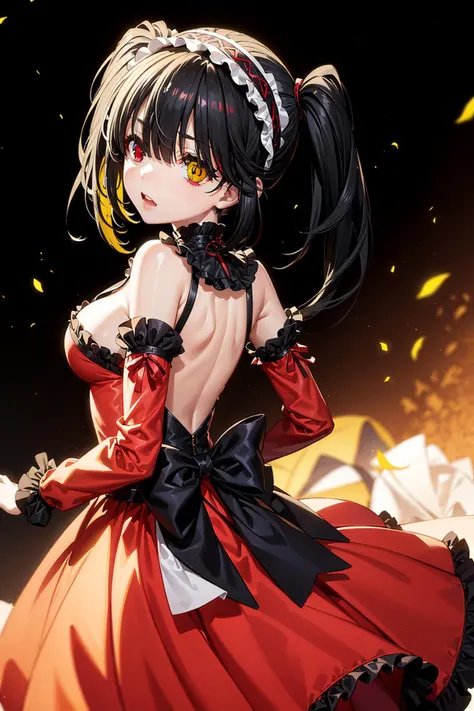 light particles,soft lighting,volumetric lighting,intricate details,finely detailed,1girl,solo,looking at viewer,red dress,ornate dress,backless dress,puffy sleeves,juliet sleeves,(long sleeves:1.2),red bow,black background,simple background,from behind,
<lora:kurumi tokisaki s2-lora-nochekaiser:0.7>, (tokisaki kurumi, long hair, black hair, (red eyes:1.3), (twintails:1.5), (yellow eyes:1.3), hairband, (heterochromia:1.5), middle breasts, hair over one eye),, masterpiece,best quality,highres,<lora:add_detail:0.3>