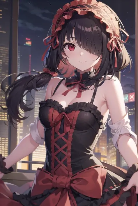 kurumitokisaki, <lora:kurumitokisakitest-clean:1>, 
tokisaki kurumi, clock eyes, black hair, low twintails, (hair over one eye:1.5), (red eyes:1.2), smile, (small breast:1.2), 
BREAK hairband, dress, bow, ribbon, gothic fashion, gothic, 
BREAK looking at viewer, 
BREAK outdoors, city, 
BREAK <lora:GoodHands-vanilla:1>, (masterpiece:1.2), best quality, high resolution, unity 8k wallpaper, (illustration:0.8), (beautiful detailed eyes:1.6), extremely detailed face, perfect lighting, extremely detailed CG, (perfect hands, perfect anatomy),