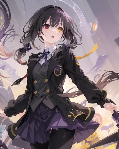 masterpiece, best quality, ((dynamic_angle)),outdoors,
1 girl in_garden, solo,red_yellow_heterochromia, hair_over_one_eye,(low twintails),very_long_black_hair, (black hair:1.6), black_schoolsuit with silver_buttons,pleated_skirt,glowing_eyes,hair_censor,neck_ribbon,floating_hair,open_mouth,black_pantyhose,(((purple_blue))) _skirt,
(tokisaki_kurumi:0.3),
<lora:kurumi2:0.6>